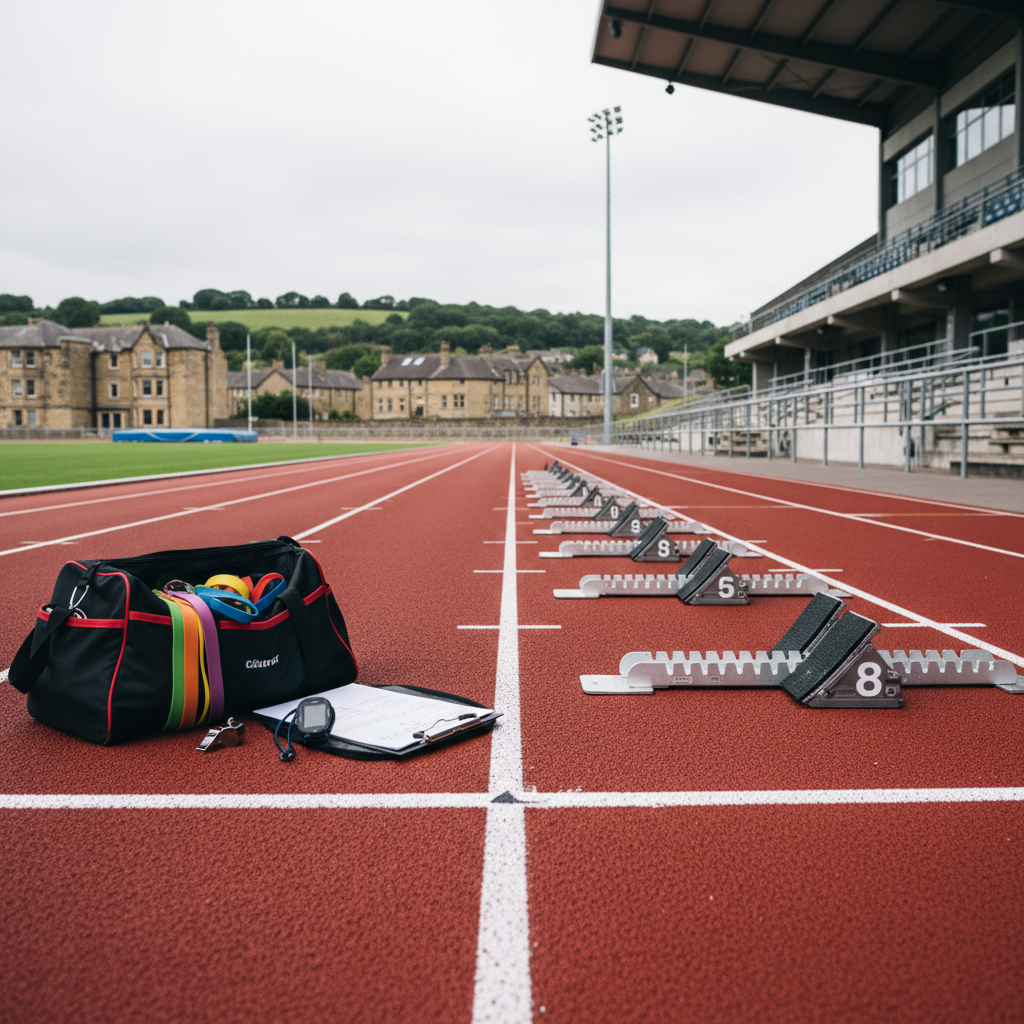 A modern athletics track in Bradford seen from lane level, with a crisp starting line dominating the foreground and a neat row of numbered starting blocks arranged precisely across the frame. Beside lane one, a carefully placed coach’s kit bag is unzipped to reveal resistance bands, a whistle, a clipboard with training notes, and a GPS running watch. Overcast daylight creates balanced, even lighting, emphasizing the rich red of the track and cool grey of nearby stadium structures. In the background, slightly out of focus, are rolling green hills and characteristic Bradford stone buildings, subtly rooting the scene locally. Shot from a low, wide-angle perspective using rule-of-thirds composition, the image feels dynamic and aspirational, with photographic realism highlighting structured preparation, attention to detail, and a professional England-based running coaching environment.